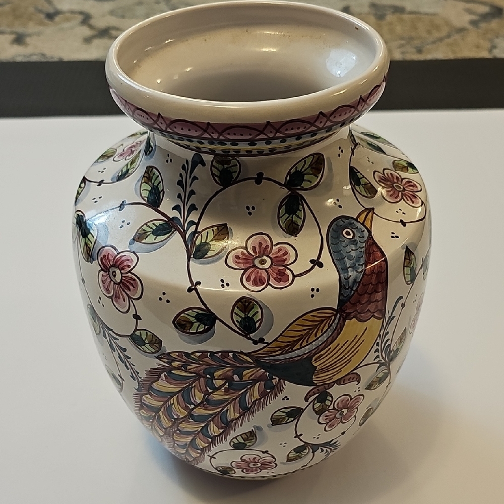 Hand-Painted Ceramic Bird Vase in Cream, Pink and Green